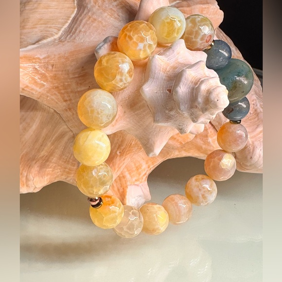 YELLO FIRE AGATE + AMAZONITE + LEMURIAN NATURAL STONES BRACELET size 7” - Picture 4 of 12